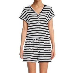 New: 12-14 L Women's Stripe V-Neck Henley Shorts Romper